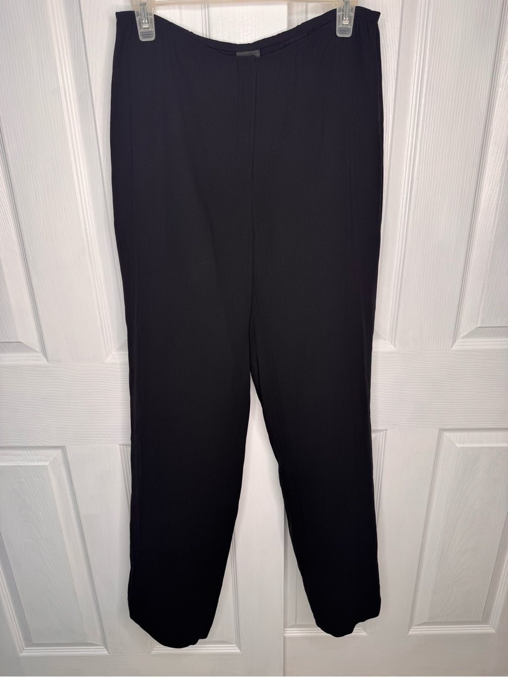 Eileen Fisher Black 100% Silk Straight Leg Pants Elastic Waist Front Zip XS